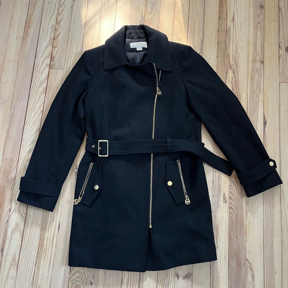Michael Kors Wool Blend Trench Coat Women Large Black Asymmetrical Zip Belted